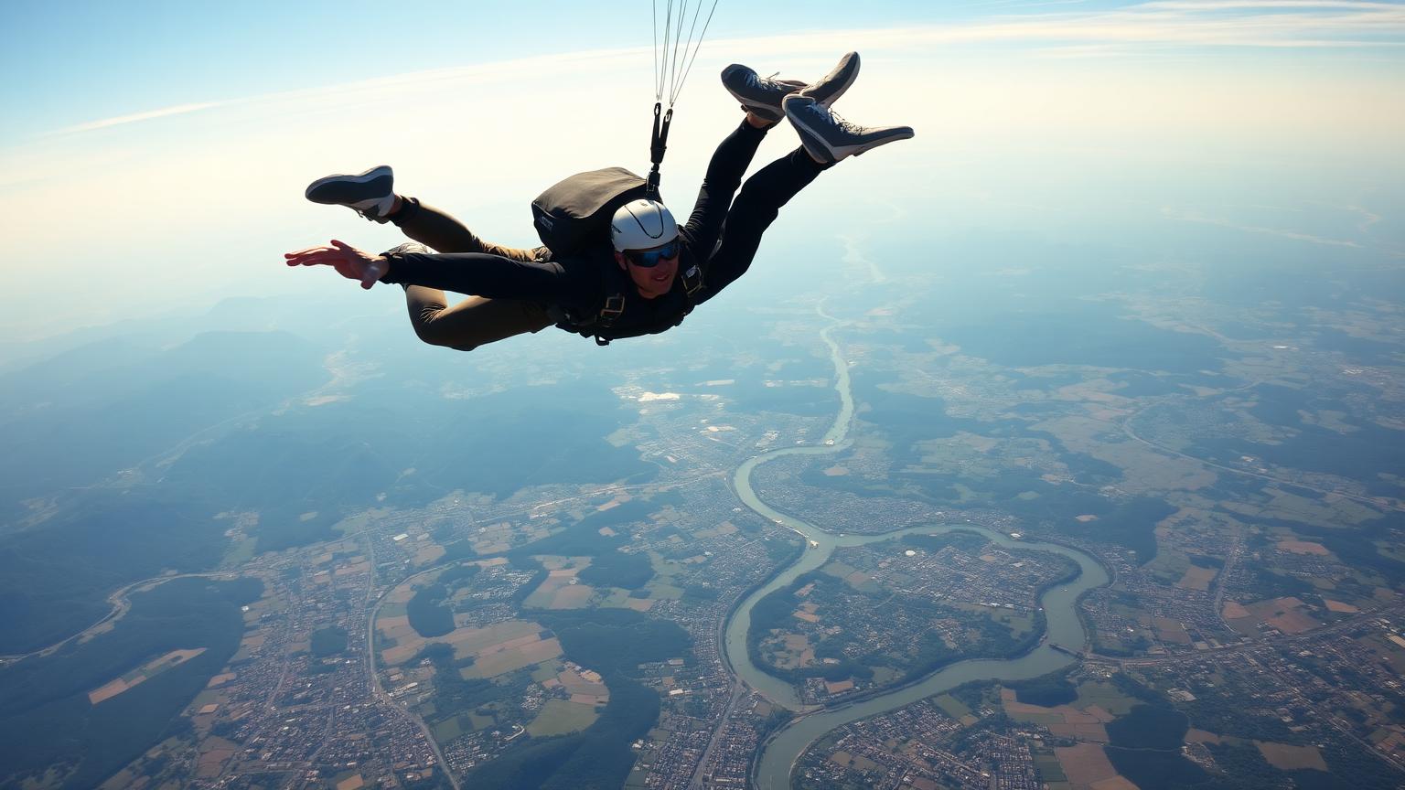 Tandem skydiver in freefall above Podgorica and the Morača river